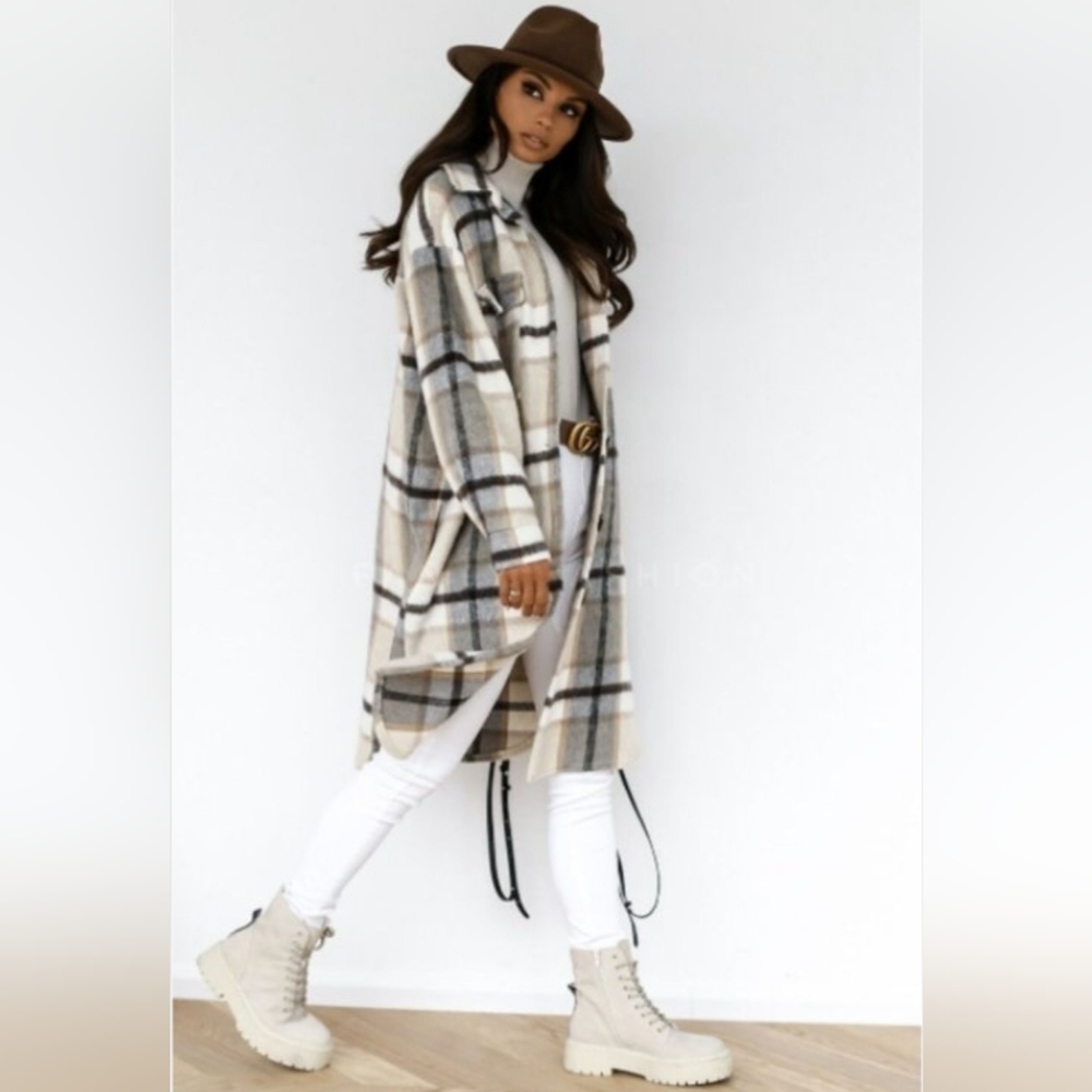 Flannel Plaid Shacket Oversized fit Shirt Jacket Large Cream Tan Gray multi - Picture 4 of 6